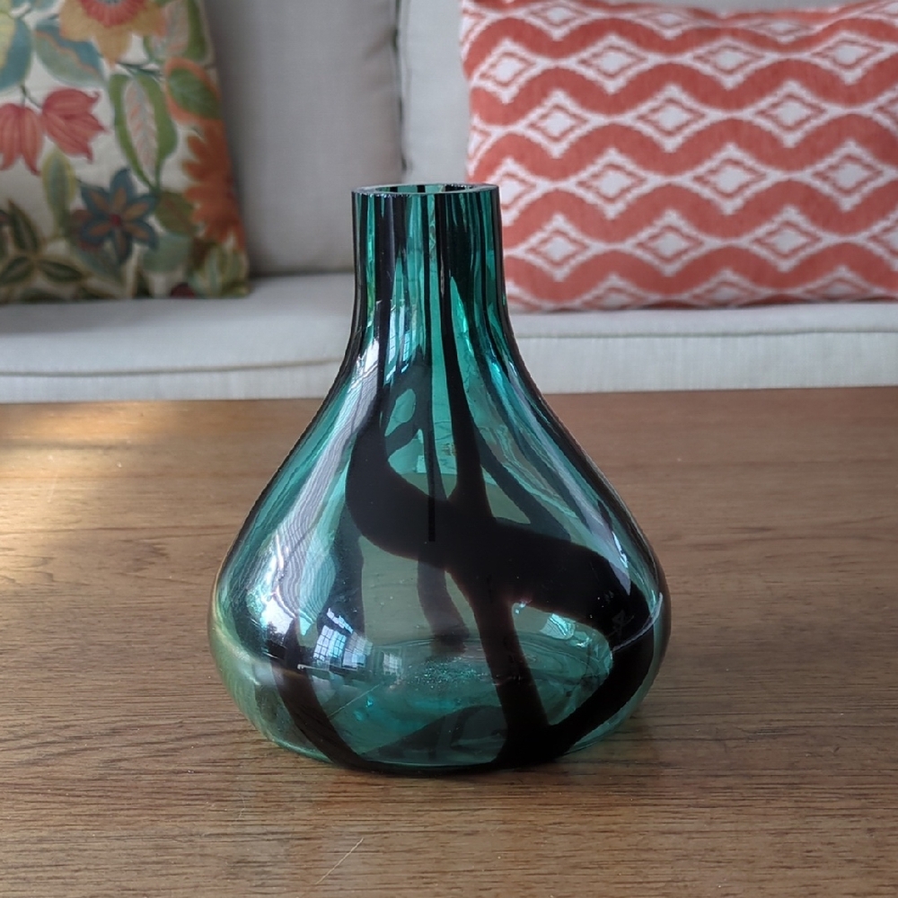 Elegant Glass Vase with Black and Teal Swirls